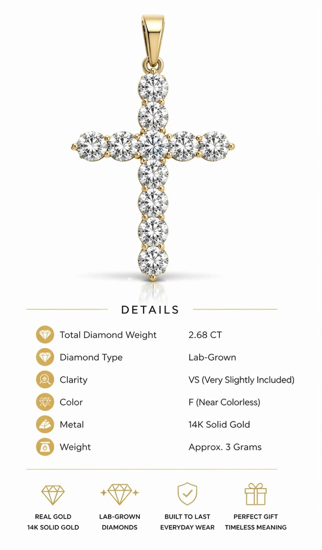2.68 CT Lab-Grown Diamond Cross Pendant (VS/F) in 14K Gold – Iced Out Cross Charm